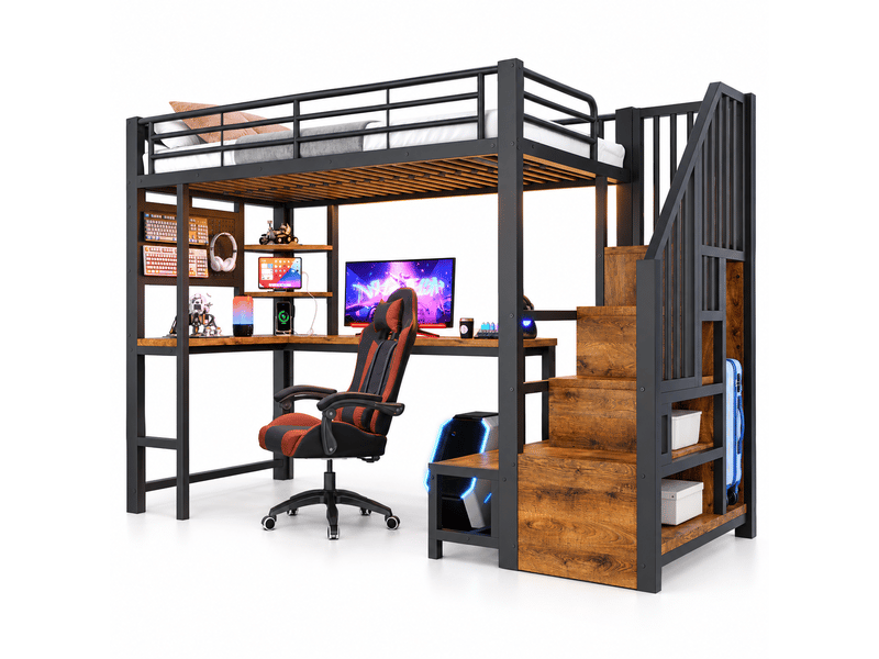  Lit mezzanine enfant 90x200 cm avec bureau, led, usb et usb-c, panneau perforé, étagères, escalier avec rangement, garde-corps, métal et mdf noir  - Conforama A