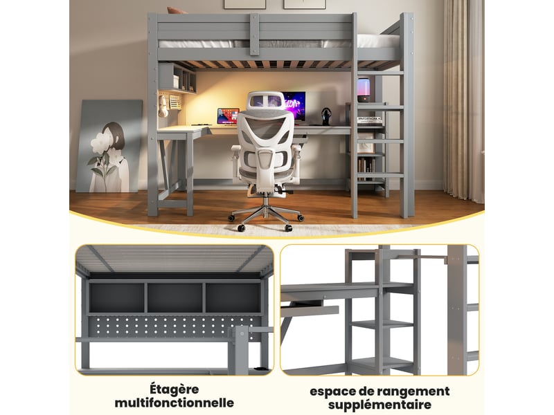  Lit mezzanine 90 x 200 cm avec bureau, penderie et étagères, tiroir pour clavier, prises usbusb-c et led en pin gris sans matelas  - Conforama D