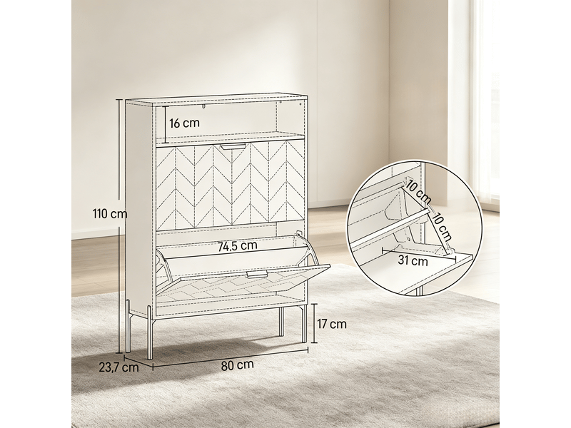  Meuble à chaussures modèle slim, 16 paires, 2 compartiments basculants, niche ouverte, rangement entrée  - Conforama C