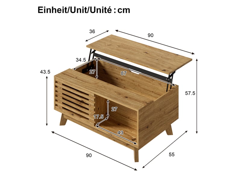  Table basse tcqpz relevable avec rangement 90 x 55 cm mdf naturel style rétro moderne  - Conforama C