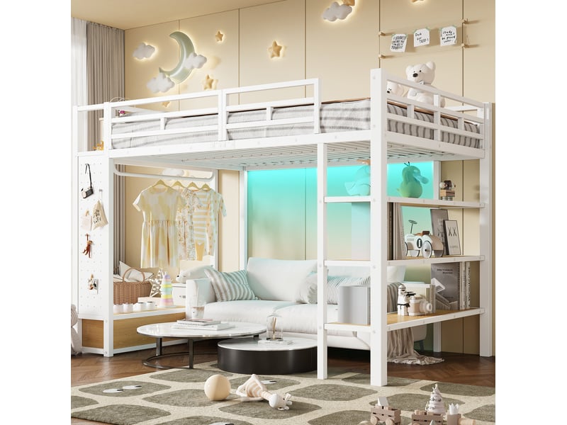  Lit mezzanine moderne 140x200 cm, rangement, penderie ouverte, en mdf, métal, lit enfant éclairage led, coloris blanc, sans matelas  - Conforama B