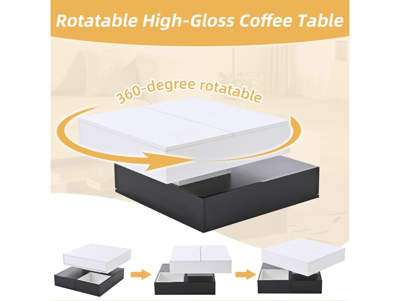  Table basse 70x70x40-55 cm relevable avec plateau rotatif 360°, 3 tiroirs, salon, panneau de particules, blanc et noir  - Conforama E