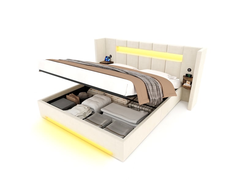  Lit coffre 160x200 cm, lit double, rangement hydraulique, armoire, led, port usb, velours beige  - Conforama B