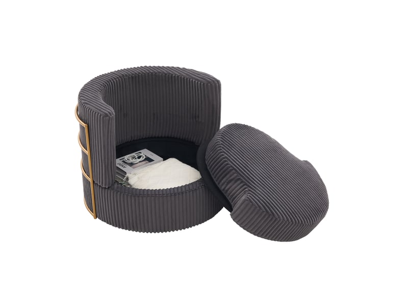  Fauteuil pivotant avec coffre sous l’assise, dossier enveloppant et accoudoirs rembourrés en velours côtelé gris  - Conforama A