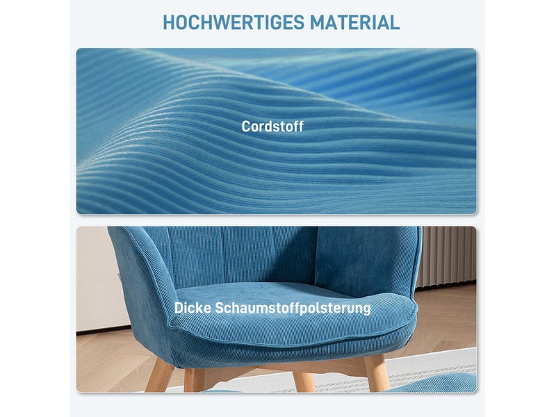  Fauteuil avec pouf à dossier haut capitonné et repose-pieds assorti, pieds en bois de hêtre, en velours côtelé bleu  - Conforama E