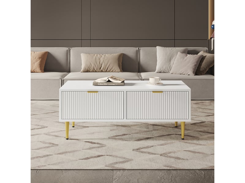  Table basse blanche et or 100x50x40 cm, table de salon moderne avec 2 tiroirs, design à rayures verticales, pieds en métal  - Conforama R