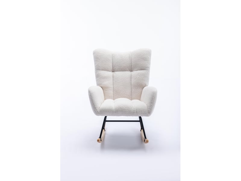  Fauteuil à bascule - 65x77x90cm - fauteuil rocking chair tissu bouclette teddy avec poche et pieds bois massif - blanc  - Conforama A