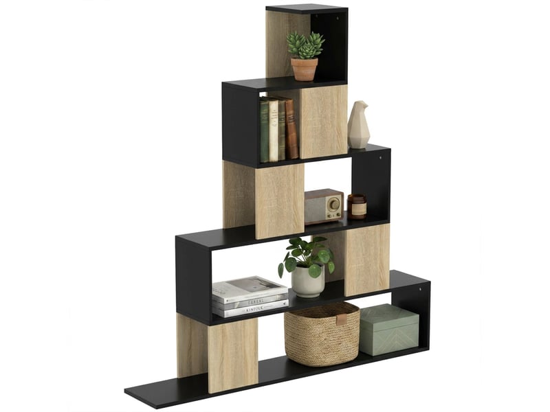  Étagère de rangement, bibliothèque géométrique à 5 niveaux, pour bureau, salon, chambre, noir et bois naturel  - Conforama A