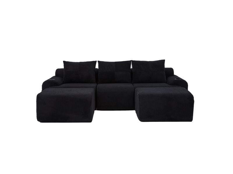  Canapé modulable 3 places en velours côtelé noir avec 2 poufs  - Conforama A