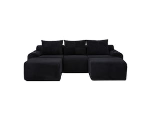 Canapé modulable 3 places en velours côtelé noir avec 2 poufs