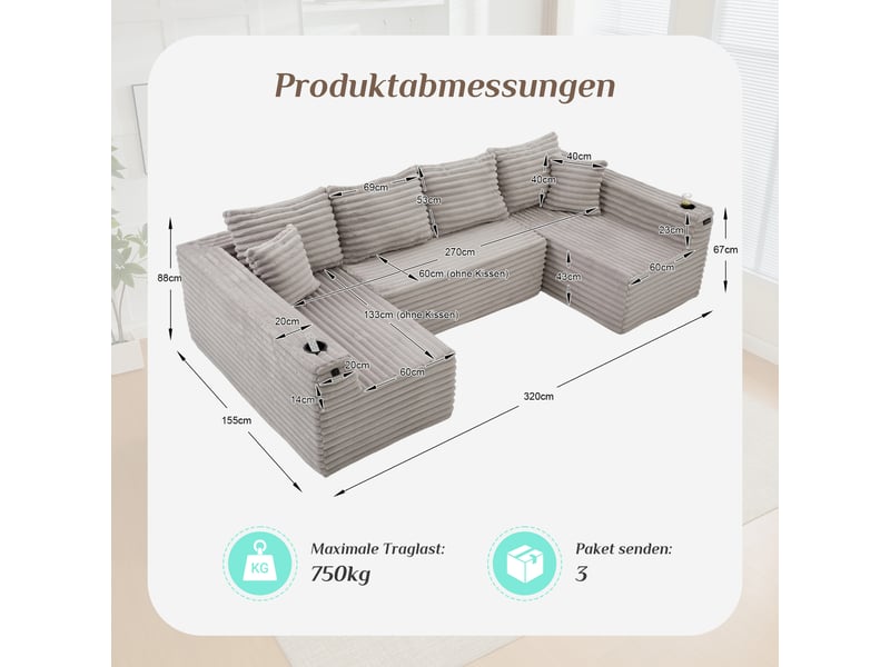  Canapé d'angle panoramique fixe 6 places tissu gris clair canapé compressible - Conforama C