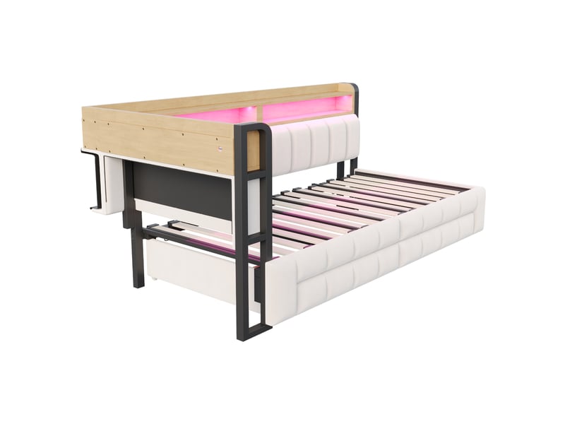  Lit gigogne 90x200 cm avec rangement - canapé lit extensible 180x200 cm - 2 tiroirs, led, usb et type-c - velours beige  - Conforama W