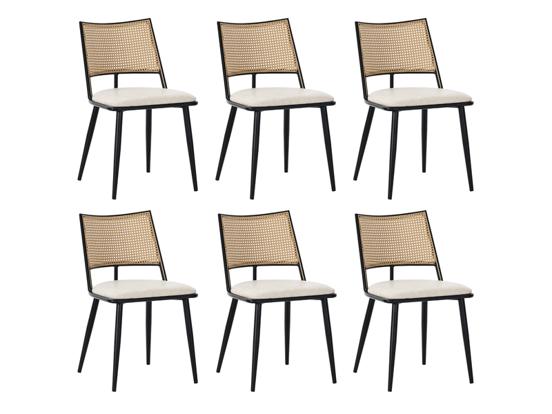 Lot de 6 chaises 50x48x80 cm, dossier tressé rotin, assise recouverte polyuréthane noir, salle à manger - Conforama A