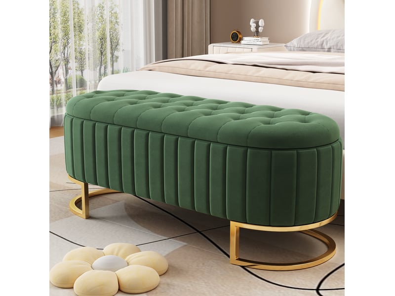  Banc coffre rembourré 120x40 cm en velours vert avec rangement  - Conforama D