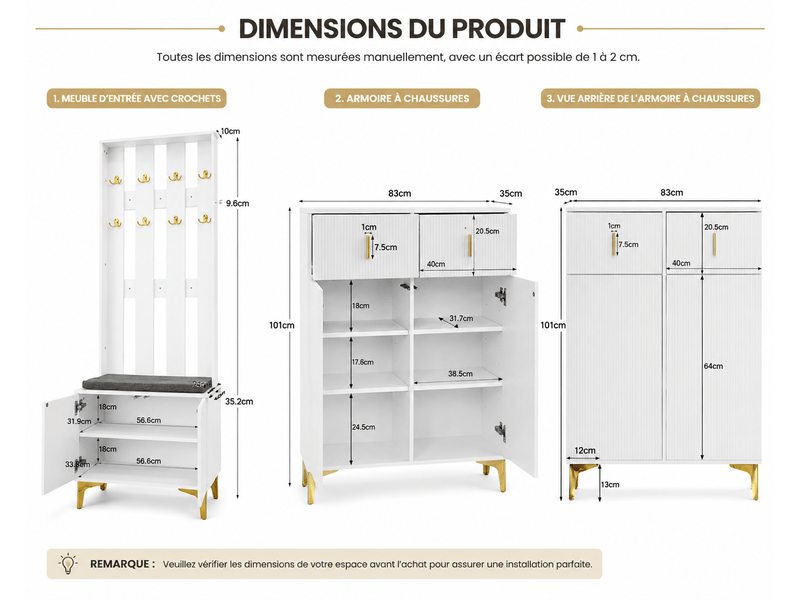  Ensemble dressing d'entrée avec banc et coussins – façade avec crochets, meuble à chaussures avec tiroirs et portes  - Conforama C