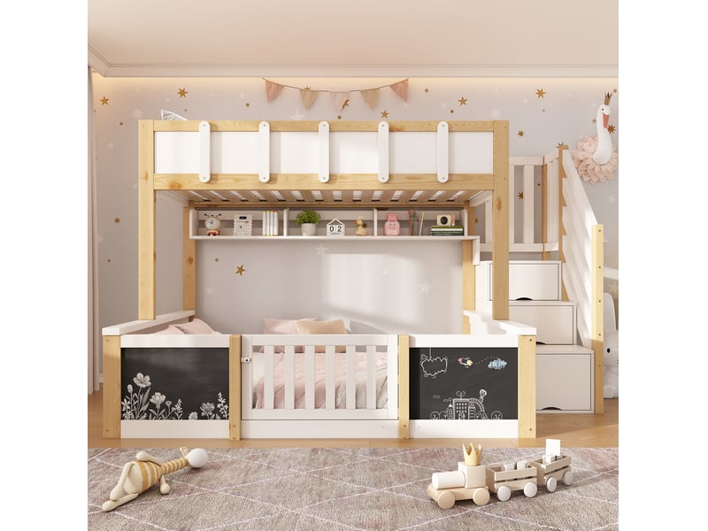 Lit superposé enfant modenvie 90 x 200 et 140 x 200 cm avec escalier de rangement tableau blanc et bois naturel - Conforama E