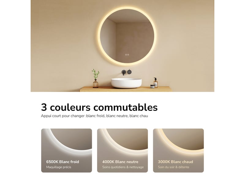  Emke miroir lumineux salle de bain rond diamètre 50cm, miroir led avec interrupteur tactile, anti-buée, miroir avec éclairage 3 couleurs  - Conforama C