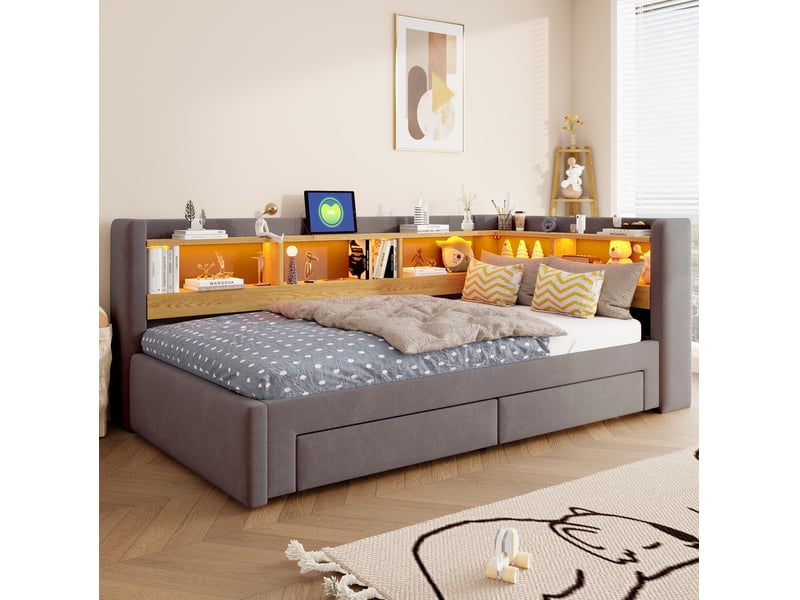  Lit gigogne 90x200 cm gris en velours, extensible en couchage 180x200 cm avec rangements, led et prise  - Conforama B