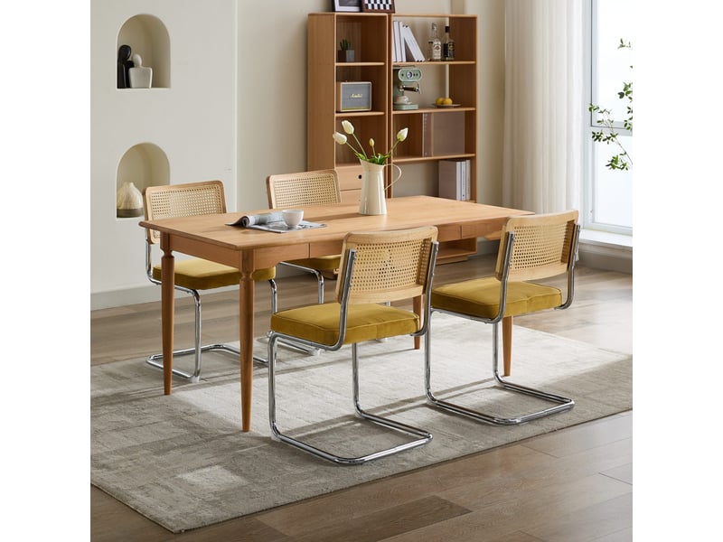  Lot de 2 chaises de salle à manger - 59x47x81cm - chaises porte-à-faux design breuer en rotin et assise velours - doré  - Conforama C