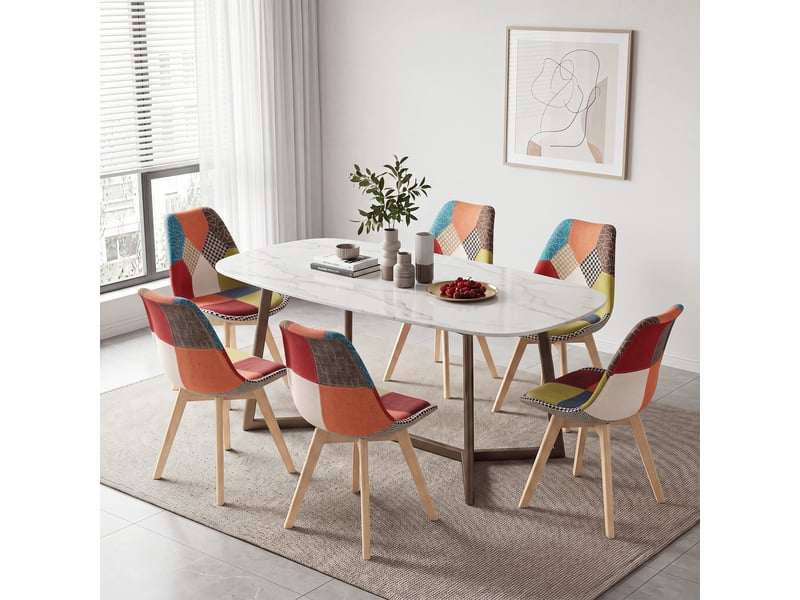  Lot de 6 chaise de salle à manger en lin - avec pieds en hêtre massif, design rétro patchwork multicolore rembourrées(rouge)  - Conforama C