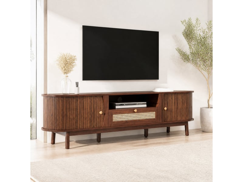  Meuble tv modenvie avec portes coulissantes et tiroir en rotin 165 x 37 x 46 cm mdf noyer  - Conforama E