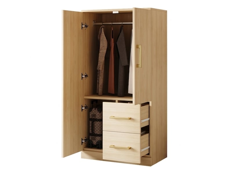  Armoire enfant 2 portes en bois naturel avec tiroirs, 70x40x135 cm, meuble de rangement chambre  - Conforama A