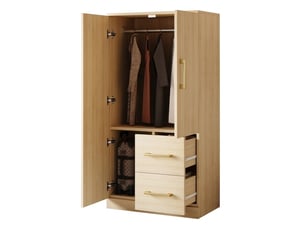 Armoire enfant 2 portes en bois naturel avec tiroirs, 70x40x135 cm, meuble de rangement chambre