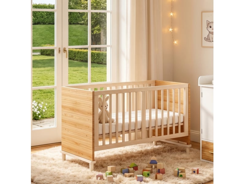  Lit bébé à barreaux 70x140 cm, sommier 5 hauteurs, pieds renforcés, bois et mdf naturel, sans matelas  - Conforama D