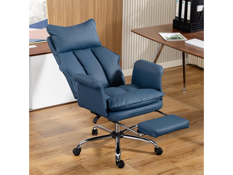  Chaise de bureau avec repose-pieds, dossier inclinable haut, rembourrage épais, revêtement en similicuir, roulettes, bleue  - Conforama D