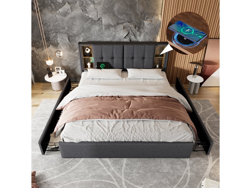 Lit double 160x200 cm gris en tissu, 4 tiroirs, ports usb-c, chargeur sans fil et sommier à lattes - Conforama B