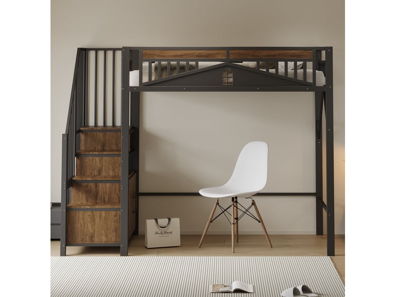  Lit mezzanine métal 90x200 cm marches-coffres armoire, barrière sécurité fenêtre patchwork, mdf, noir sans matelas  - Conforama B