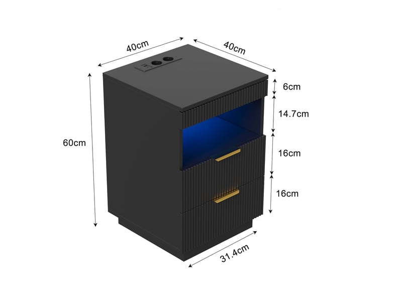  Table de chevet 40x40x60 cm, table de nuit avec station de charge usb c et led rgb, compartiment caché, avec 2 tiroirs et niche de rangement, noir  - Conforama E
