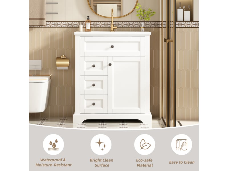 Meuble vasque de salle de bains blanc 76 cm avec lavabo en céramique, 3 tiroirs et rangement réglable - Conforama B