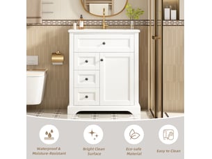 Meuble vasque de salle de bains blanc 76 cm avec lavabo en céramique, 3 tiroirs et rangement réglable
