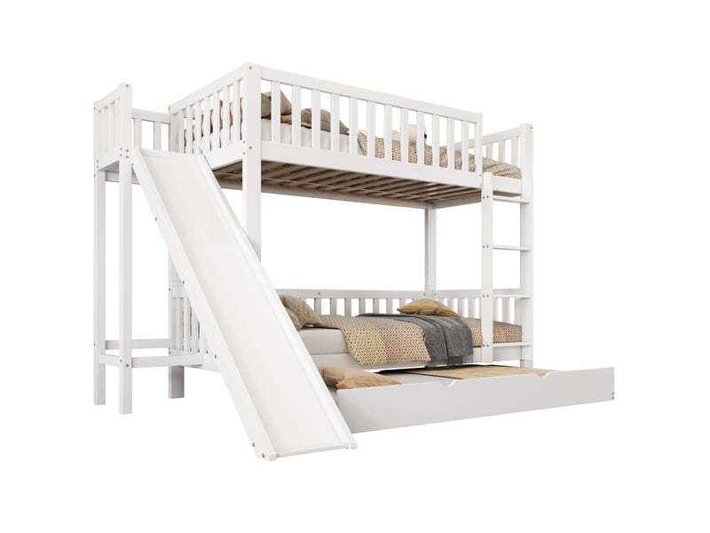  Lit superposé enfant 90x200cm avec toboggan, lit gigogne gain de place et étagères, pin massif et mdf, blanc  - Conforama A