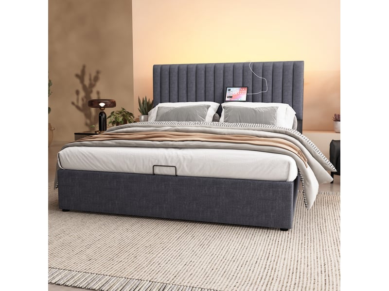 Lit coffre 160x200 cm 2 places avec tête de lit, rangement, led, prises usb et type-c, cadre métallique et revêtement lin gris, sans matelas - Conforama D