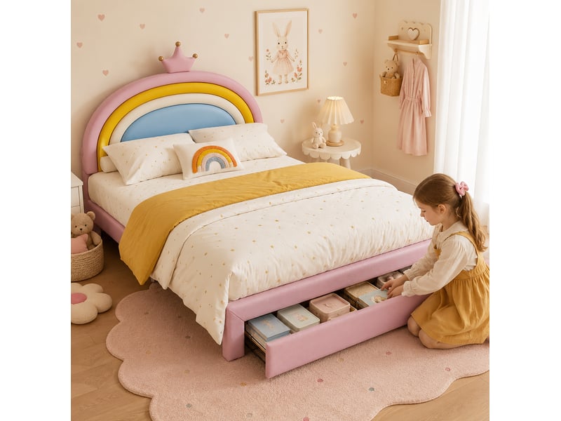 Lit avec rangement enfant 140x200 cm rose avec tiroir et tête de lit réglable - Conforama D
