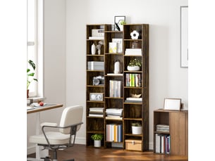 Bibliothèque moderne en bois de 181 cm de haut, avec 21 compartiments et 10 étagères réglables, couleur marron rustique