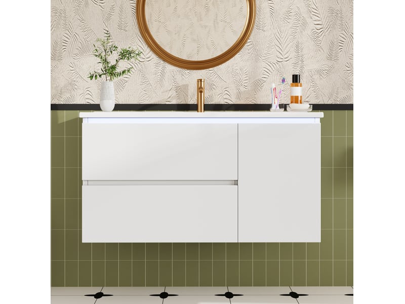 Meuble sous vasque suspendu moderne 91,5x46,5x50,5 cm, led, armoire de rangement avec 2 tiroirs et porte, mdf blanc - Conforama B