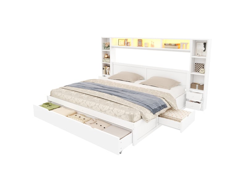  Cadre de lit plateforme 180x200 cm avec rangement, 7 tiroirs, éclairage led, mdf couleur blanc, sans matelas  - Conforama A