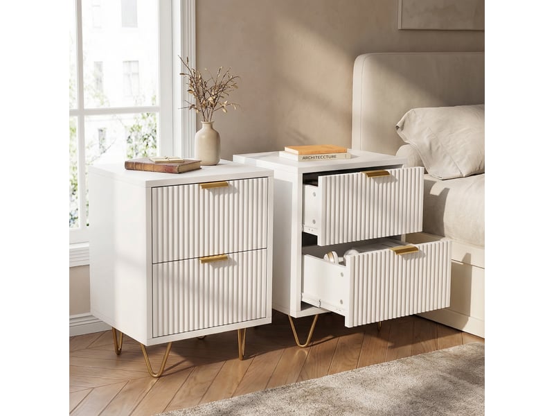  Lot de 2 tables de chevet 40, 2 tiroirs, meuble de rangement avec façade ondulée, pieds métal, table de nuit pour chambre et salon, style modernescandinave(40x40x55cm, blanc)  - Conforama B