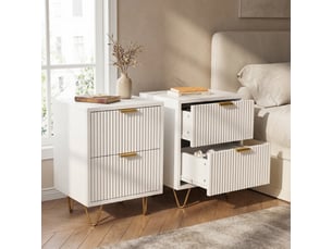 Lot de 2 tables de chevet 40, 2 tiroirs, meuble de rangement avec façade ondulée, pieds métal, table de nuit pour chambre et salon, style modernescandinave(40x40x55cm, blanc)