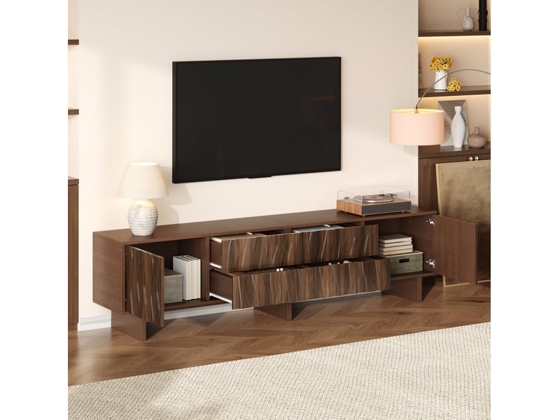  Meuble tv 180x40x56 cm avec 4 tiroirs et 2 portes, panneaux de particules noyer foncé  - Conforama C