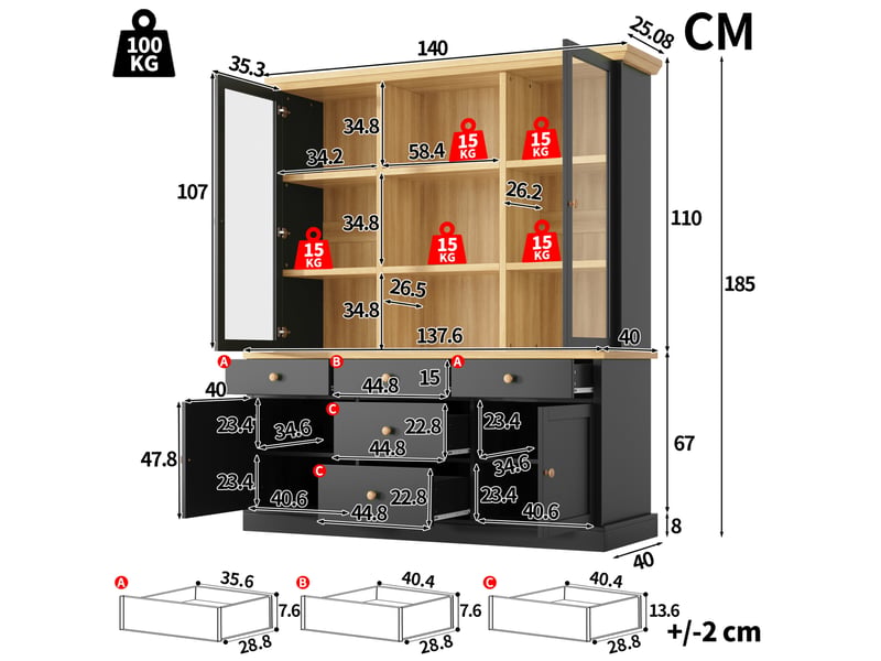  Buffet haut avec portes vitrées et 5 tiroirs, 140x40x185 cm, noir  - Conforama E