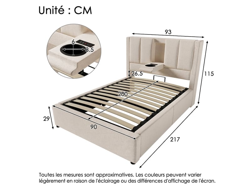  Lit coffre 90x200 cm avec port usb et porte-gobelet, sommier inclus, beige  - Conforama E
