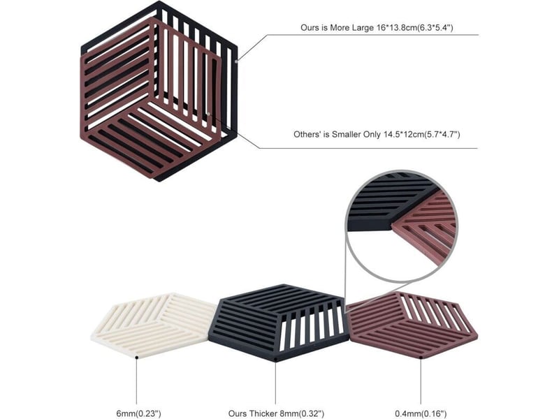 Lot de 3 dessous de plats kitchen pot coaster de protection en silicone (noir, raya hexagonal: 160x138x8mm) - Conforama B