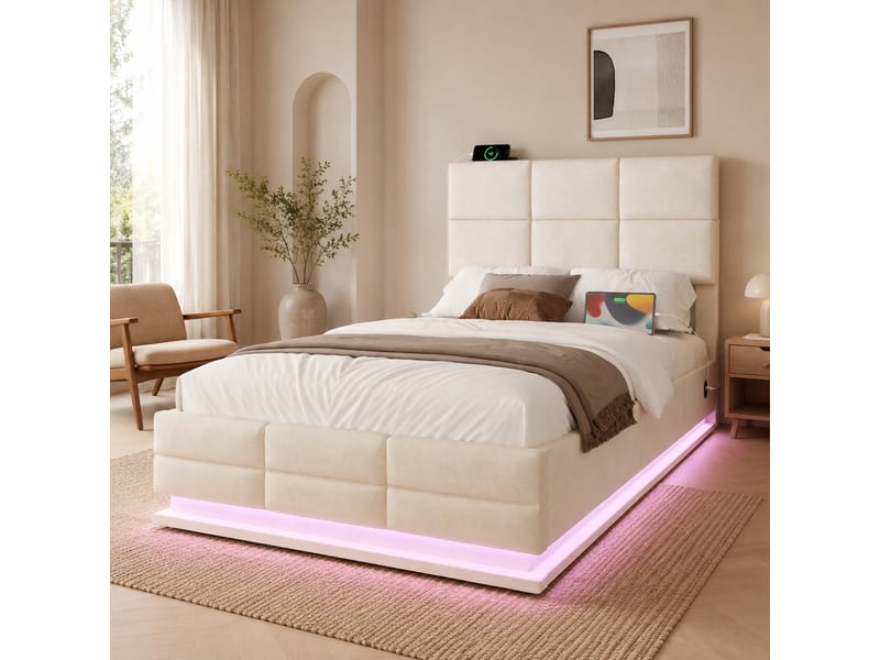  Lit coffre 90x200 cm velours beige, led, usbtype-c, tête réglable, sans matelas  - Conforama B