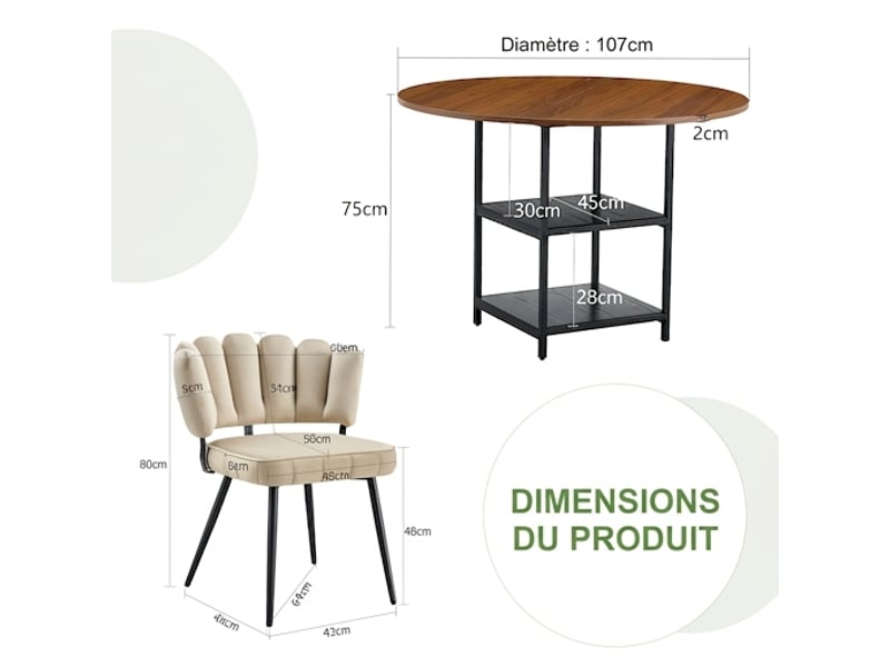  Ensemble table ronde ø107 cm et 4 chaises de salle à manger, tissu marron clair  - Conforama C