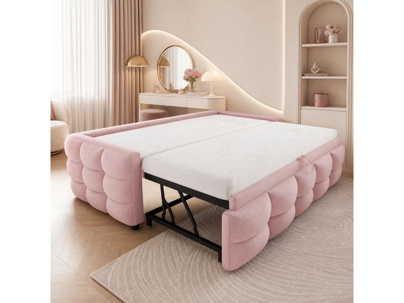  Lit gigogne 90x190+180x190 cm gain de place en velours teddy rose  - Conforama B