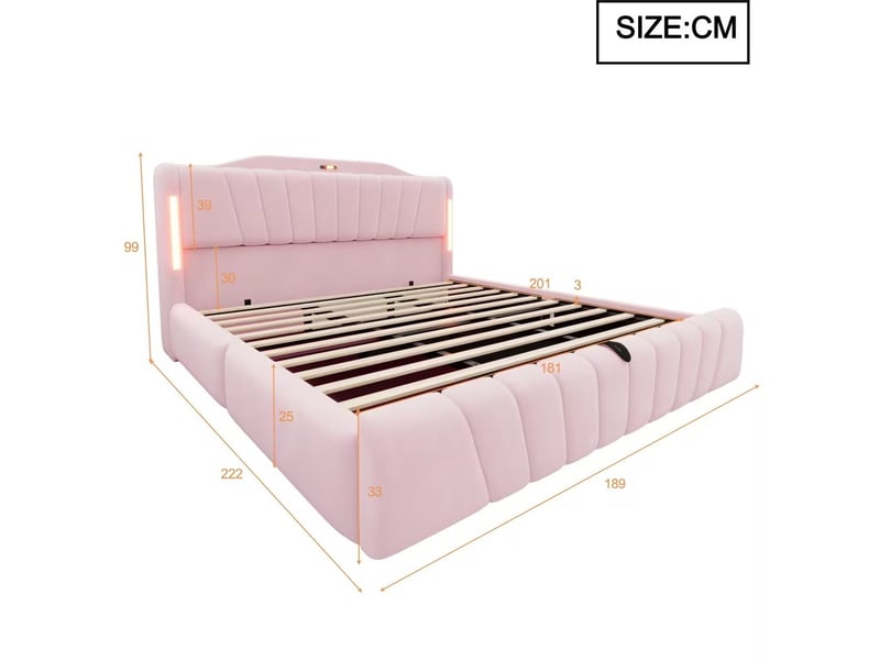  Lit coffre double 180x200 cm, led réglables, ports usb et usb-c, sommier relevable, velours rose, sans matelas  - Conforama C